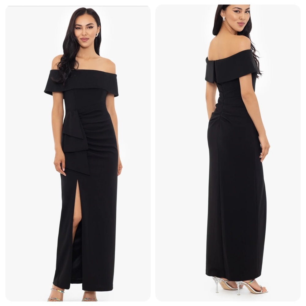NEW NWT Xscape CAMILA LONG OFF THE SHOULDER SCUBA CREPE DRESS Black Gown Sz 16